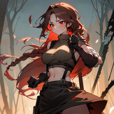 1female, sexy, big breast, young adult, finely detailed red eyes, wild long hair, braided hair, dark brown color hair, adventurer gear, suspenders, sleeveless crop top sweater, baggy combat skirt, night time, dark forest, somber expression, flowers, blushi...