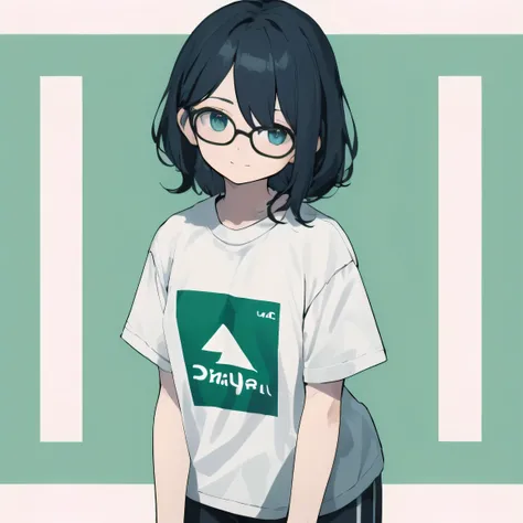 Geometric background:1.3、Dark、Cute hair、avert your eyes、White BuggyＴshirt、プリントshirt、Loose-fitting clothing、Retro、Highest quality、Ultra-detailed、High quality details、green