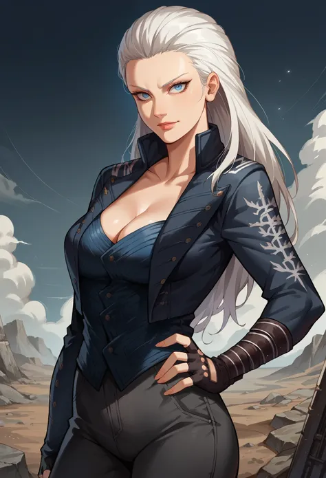 score_9, score_8_up, score_7_up, source_anime, 1girl, solo, female focus, dmc5vergil, white hair, long hair, blue eyes, cleavage, fingerless gloves, pants, standing, slight smile, hand on hip,looking at you, wasteland, gray landscape, desolated, gray plain...