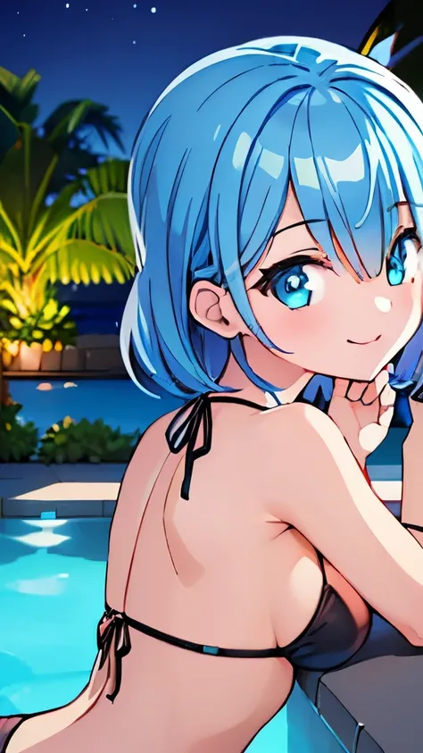 ((masterpiece)), ((best quality)), (ultra-detailed), pool, night, a cute girl, 1girl, solo, bikini, ((beautiful eyes)), smile, beautiful blue hair