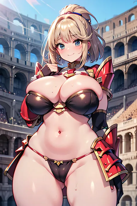 Hentai、High resolution、Colosseum in ancient Rome、A busty, chubby slave gladiator in cloth armor smiles and spreads her legs to appeal to the audience.、Xenoblade Chronicles 2、Hikari、Perfect proportions、Cowboy Shot、Fatty thick legs、Sweaty、Clear eyes