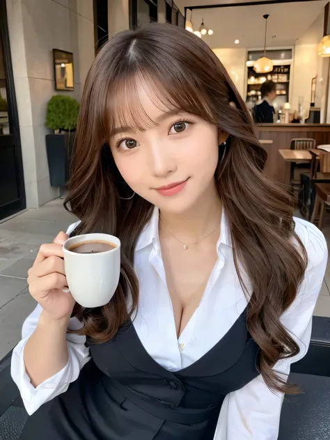 Realistic:1.2,masterpiece,Highest quality，98k,((One Woman)),20-year-old,Japanese women、Tight waist,Perfect Anatomy, Brown Hair, Wavy Hair,Random Hairstyles,Big beautiful breasts,((Fully detailed face and eyes:1.2))((Cute Face:1.2))，Random Pause，smile、Black...