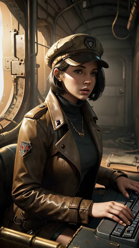 1girl, typing on keyboard, Piper Wright /(Fallout 4/), 2, gold wedding band, red leather trench coat, press cap, solo, black hair, hat, cube shaped computer, drainage tunnel