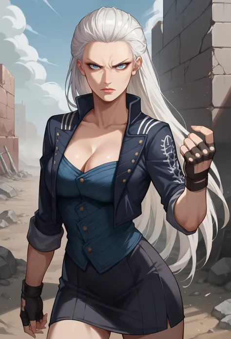 score_9, score_8_up, score_7_up, source_anime, 1girl, solo, female focus, dmc5vergil, white hair, long hair, blue eyes, cleavage, fingerless gloves, black skirt, short skirt, standing, arrogant face, fighting stance, looking at you, wasteland, gray landsca...