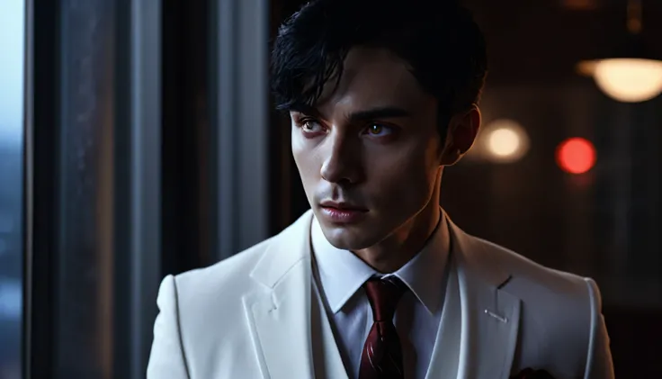 night, Pitch black, By the window, Handsome, White suit, panic, Energy flow, Red moonlight, Iris, Super detail of the face, Short black hair, Super detail of the face, Very realistic, 4K, Chiaroscuro, Ultra high definition