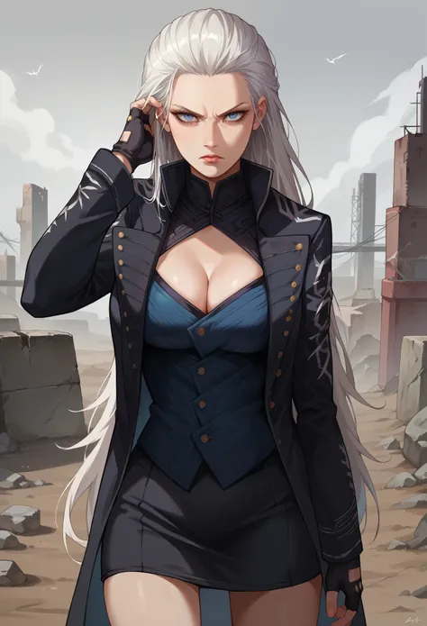 score_9, score_8_up, score_7_up, source_anime, 1girl, solo, female focus, dmc5vergil, white hair, long hair, blue eyes, cleavage, fingerless gloves, black coat, black skirt, short skirt, standing, hand on hair, serious face, looking at you, wasteland, gray...