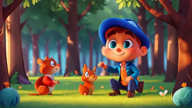 "A vibrant digital painting of a  boy dressed in a blue detective outfit, Tommy, with bright green eyes, discovering an adorable squirrel, Sammy, in a magical forest. Sunlight filters through the green leaves, creating a magical effect. Tommy is kneeling o...