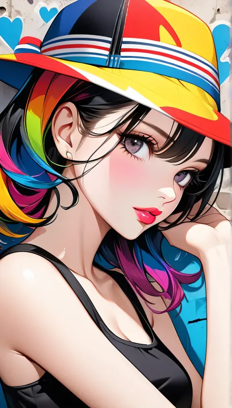 Ultra-realism Micho colorful style, Simple Line Initialism，Abstract art，(((The most beautiful girl of all time))), Sweet face. Lips in love, colorful hearts, stylish design, Summer beach fashion, Dark Eyes, Graffiti on the wall