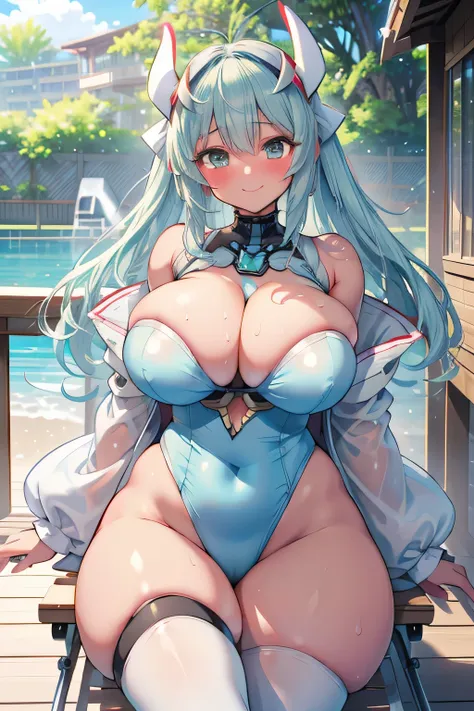 Hentai、High resolution、smile、Her breasts are super big、Kiyohime、Xenoblade Chronicles 2、Nier Replicant、A tanned, curvy dancer exposes her body and flirts on a deck chair at a resort pool、Perfect proportions、Cowboy Shot、Fatty thick legs、Sweaty、Clear eyes