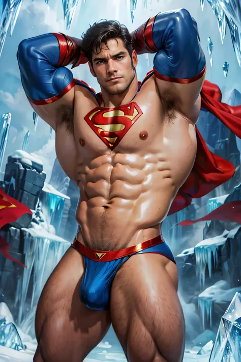 a fantastic portrait of a handsome Superman, muscles lean, big hairy chest, hairy body, in a string blue thong, with a big butt, dynamic pose, in an ice fortress crystals and diamonds