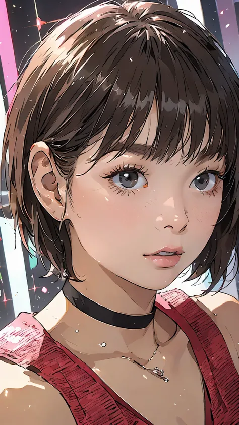 Beautiful and attractive woman、Half-body photo、Delicate and sexy collarbone、Attractive oval face、double eyelid、bright peach-colored eyes、Pink Lips、Small Nose、Concentrated face、Face close-up、Black Hair、Bobcut、Ultra-high resolution、Super detailed、Pink volley...