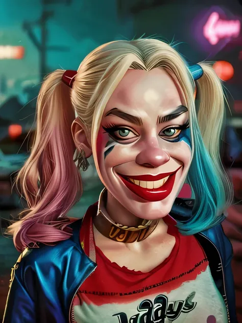 a (((caricature art, comic style ))) of harley quinn  in dynamic pose, big head, exaggerated features with a large nose and big ...