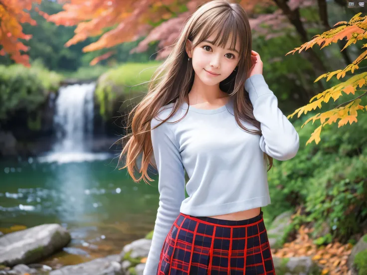 (Close up face shot of one slender small breasts half up blonde long hair with bangs girl in a long sleeves shirt and sweater and skirt:1.5)、(One blonde hair girl is dancing with small smile on the dart road near the lake and big waterfall in Japan:1.5)、(B...