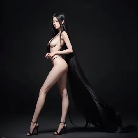 (Best image quality、Highest quality、Highest Resolution、Ultra-realistic photos、Full body photo、masterpiece、16ｋ、）One girl、Amazingly long black hair is super beautiful、hair length about 5 meters、White underwear or naked、Covering the whole body with jet black ...