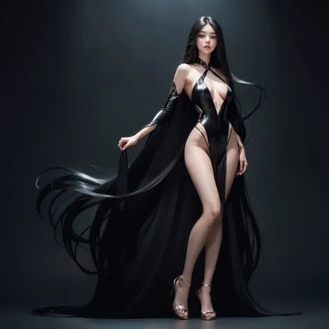 (Best image quality、highest quality、Highest Resolution、Ultra-realistic photos、Full body photo、）1 girl、Amazingly long black hair is super beautiful、Hair length約5Meters、naked、Straight black hair、Very beautiful face、Beautifully groomed black hair、Very large a...