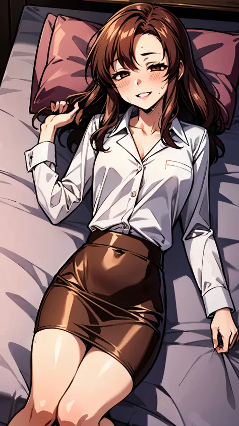 （（super high quality,Ultra-high resolution,16K,super masterpiece,Ultra HD ,Detailed shading,））Full body photo,One sexy mature woman,（（popped collar Pink shirts,Long sleeve,sexly,  ））Red pencil skirt,Looking into the camera,Brown medium long hair,smile,Thic...