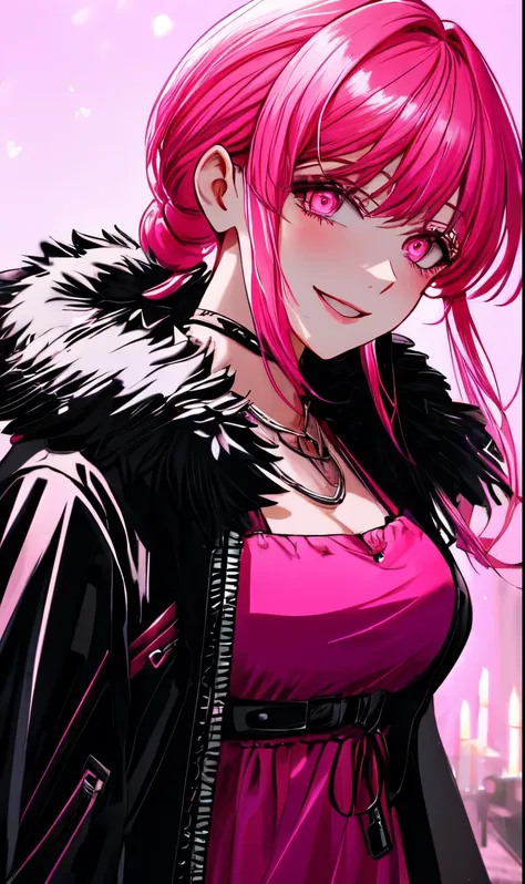 A beautiful gothic woman with long hot pink hair (haircut with bangs and ponytail), Latin eyes, smiling sweetly, wearing a stylish cyberpunk neon pink dress and a long fur jacket, Empty background of candlelit medieval street