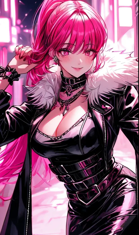 A beautiful gothic woman with long hot pink hair (haircut with bangs and ponytail), Latin eyes, smiling sweetly, wearing a stylish cyberpunk neon pink dress and a long fur jacket, Empty background of candlelit medieval street