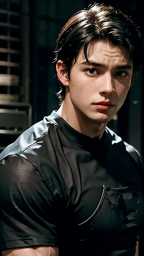 Young Bruce Wayne man black hair, big muscular body, black t-shirt, in a dark room closeup face short