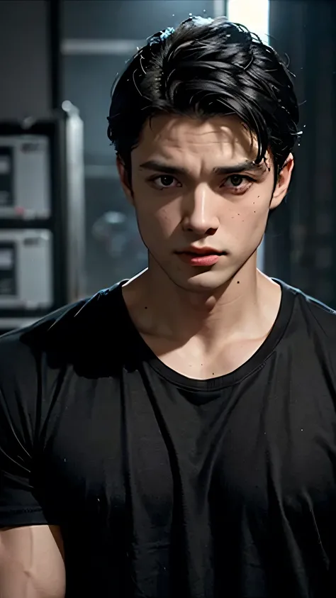 Young Bruce Wayne man black hair, big muscular body, black t-shirt, in a dark room closeup face short