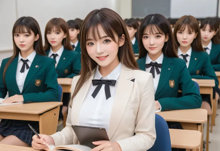 score_9, score_8, score_8 Up, score_7, Highest quality、masterpiece, group、((White Tight Collar Shirt, blazer、mini skirt, uniform,)), Large Breasts, ((Layered Haircut)), The body is slim, Slim face（8k，Highest quality），Shot from medium distances，lecture hall...