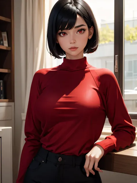 1female,standing,black hair,short hair,red eyes,looking away, half body photo,Red knit shirt,Long sleeve knit shirt,, black trousers,,very big breast ,ultra detail, ultra HD