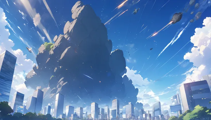 High definition、high resolution、Masterpiece、Looking up at the Tokyo sky、blue sky、City、City、Buildings、Giant meteorites、meteorite falling、Makoto Shinkai style、