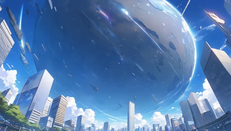 High definition、high resolution、Masterpiece、Looking up at the Tokyo sky、blue sky、City、City、Buildings、Giant meteorites、meteorite falling、Makoto Shinkai style、