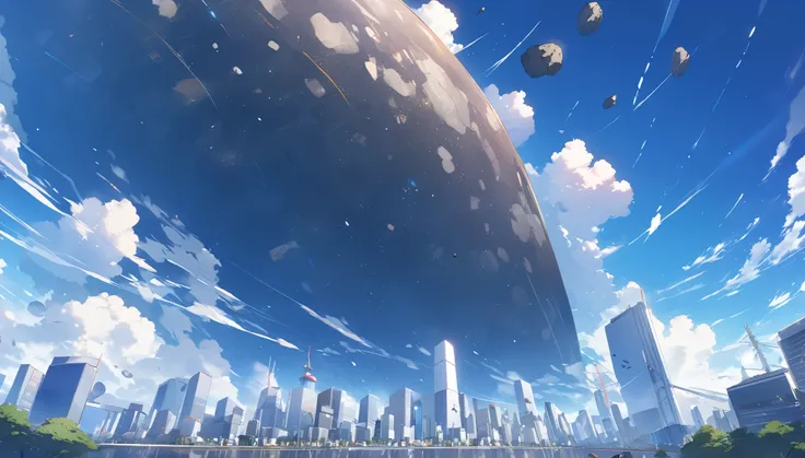 High definition、high resolution、Masterpiece、Looking up at the Tokyo sky、blue sky、City、City、Buildings、Giant meteorites、meteorite falling、Makoto Shinkai style、