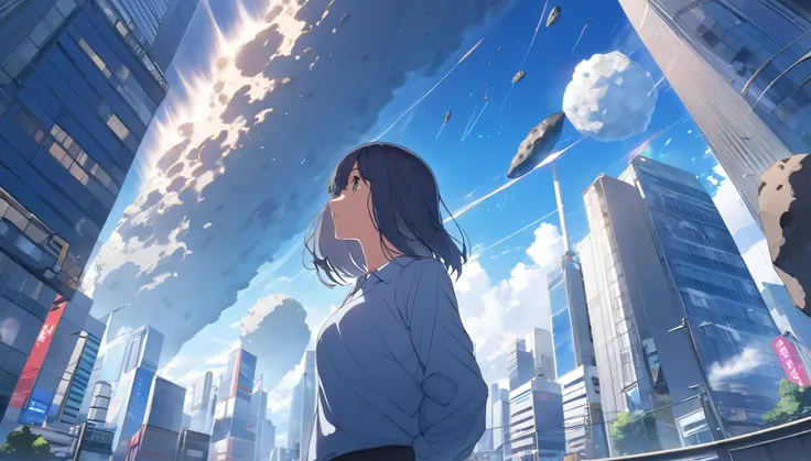 High definition、high resolution、Masterpiece、Looking up at the Tokyo sky、Woman looking from afar、blue sky、City、City、Buildings、Giant meteorites、meteorite falling、Makoto Shinkai style、