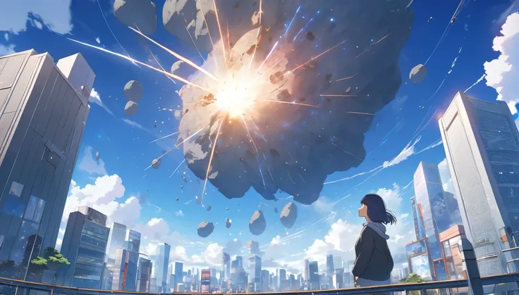 High definition、high resolution、Masterpiece、Looking up at the Tokyo sky、Person looking down々、blue sky、City、City、Buildings、Giant meteorites、meteorite falling、Makoto Shinkai style、