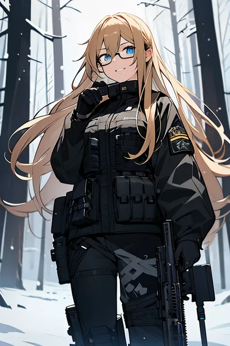 Girl with long blonde hair in waves wearing black tactical military gear armed to the teeth holding a gun, with two black wings on the back with blue eyes, her teeth, glasses, realistic, full body, recharged In the middle of a snowy forest, do it in drawin...