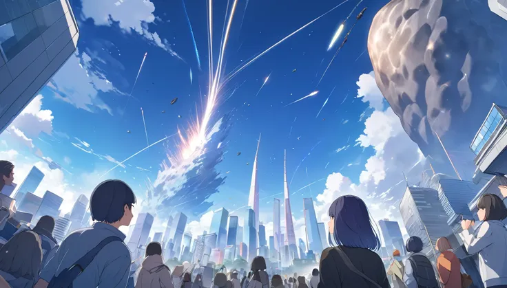 High definition、high resolution、Masterpiece、Looking up at the Tokyo sky、Many people looking down、Some are pointing fingers、blue sky、City、City、Buildings、Giant meteorites、meteorite falling、Makoto Shinkai style、