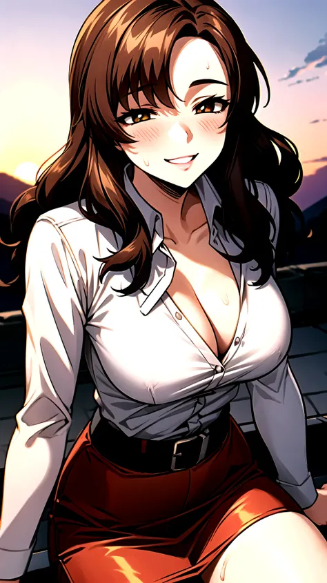 （（super high quality,Ultra-high resolution,16K,super masterpiece,Ultra HD ,Detailed shading,））On top of a hill lit by the setting sun,One sexy mature woman,（（popped Tight collar Pink shirts,Cleavage,））Folded sleeves,Red pencil skirt,Looking into the camera...