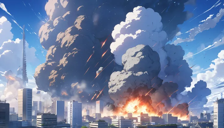 High definition、high resolution、Masterpiece、Tokyo building explodes and burns、City壊滅、blue sky、City、City、Buildings、Giant meteorites、meteorite falling、Makoto Shinkai style、