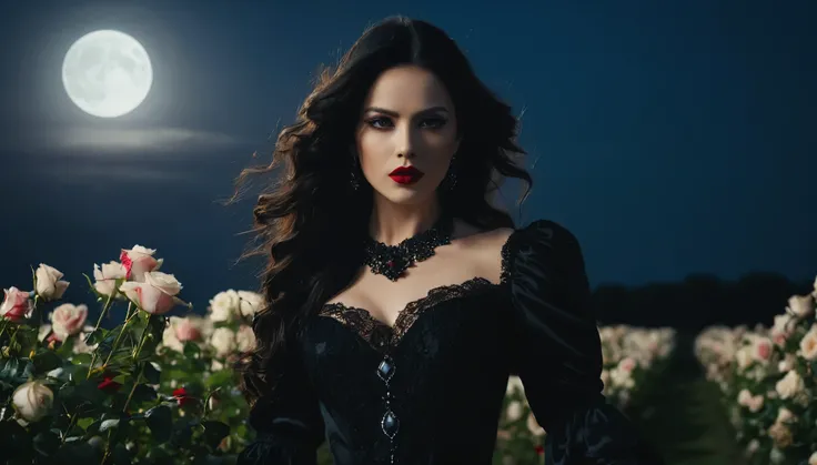 action film, elegant pose,The Lady of Shadows, a beautiful female, grandes olhos negros, mournful look, scarlet lips, pale skin, long black  hair, fluttering in the wind, dark dress with lace in baroque style, elegant white gloves on the hands, elegant jew...