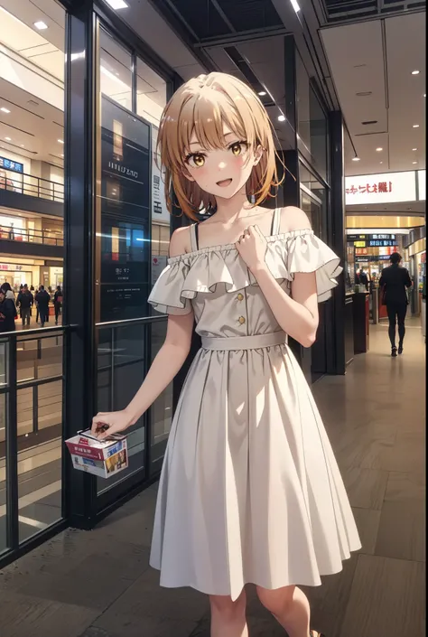 Irohaisshiki, isshiki iroha, short hair, Brown Hair, (Brown eyes:1.5), smile,Open your mouth,smile,Off-the-shoulder yellow dress,mini skirt,Cute heeled sandals,Walking,whole bodyがイラストに入るように,
break indoors,Shopping mall, 
break looking at viewer,whole body,...