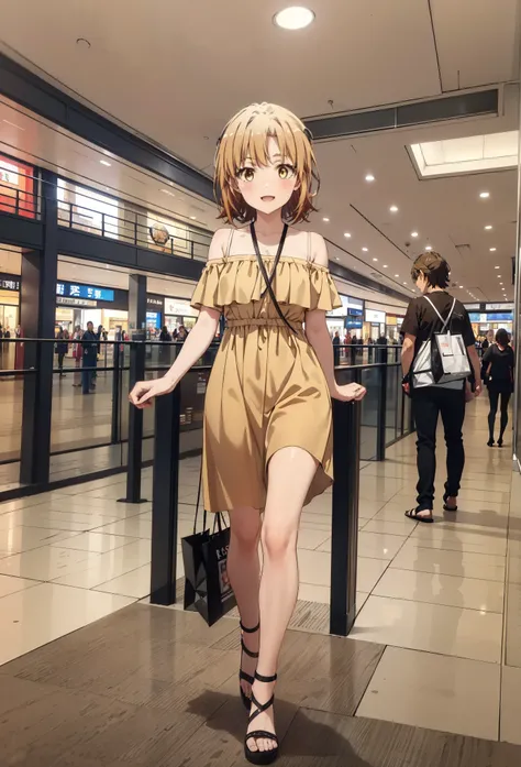 Irohaisshiki, isshiki iroha, short hair, Brown Hair, (Brown eyes:1.5), smile,Open your mouth,smile,Off-the-shoulder yellow dress,mini skirt,Cute heeled sandals,Walking,whole bodyがイラストに入るように,
break indoors,Shopping mall, 
break looking at viewer,whole body,...