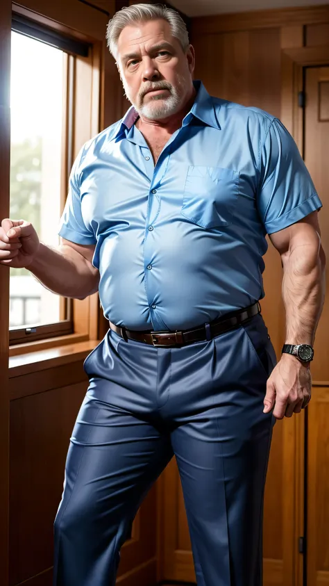 Hyperrealistic image. Appearance:age 60, white man , horny disgusting, muscular chubby, kind, mature daddy, hairy chest hard nipple.Clothing: unbuttoned blue shirt, Dress Pants with big hard bulge, belt, loafer.