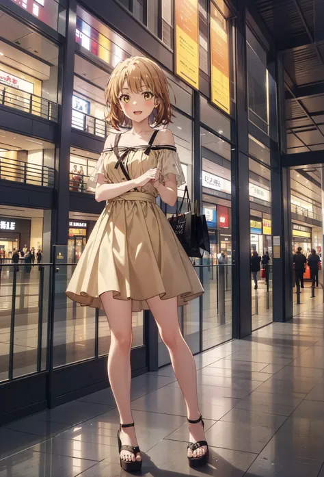 Irohaisshiki, isshiki iroha, short hair, Brown Hair, (Brown eyes:1.5), smile,Open your mouth,smile,Off-the-shoulder yellow dress,mini skirt,Cute heeled sandals,Walking,whole bodyがイラストに入るように,
break indoors,Shopping mall, 
break looking at viewer,whole body,...