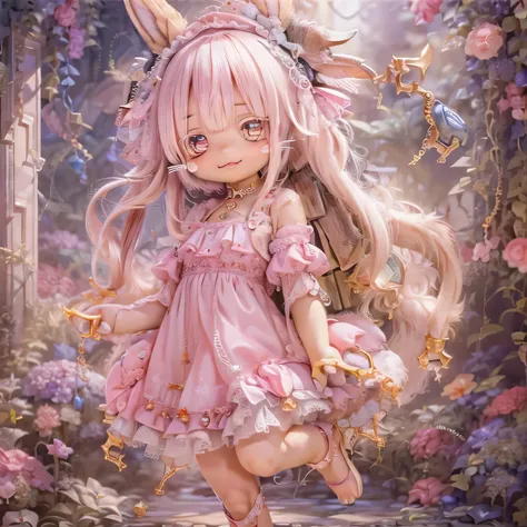 in the garden, smiling, similar to nanachi from made in abyss. she is beautiful, beautiful eyes and lips.  (((chibi style,))) . ...