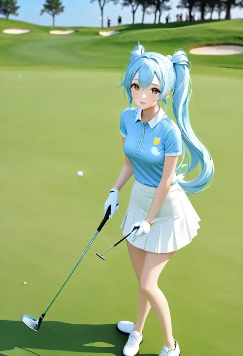 high quality,High resolution,16K、Light blue long hair、Beautiful twin-tailed golf player、White and yellow costume、Golf course with beautiful grass、Golf Tournaments、A large audience、during a golf game、Dynamic Angle