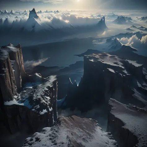 Aerial view of a mountain with sky and clouds, Inspired by Jessica Rossier, Inspired by Michal Karcz, inspirado por Michał Karcz, Stunning alien landscape, the edge of the world, edge of the world, sci-fi landscape of Iceland, amazing alien landscape, Awes...