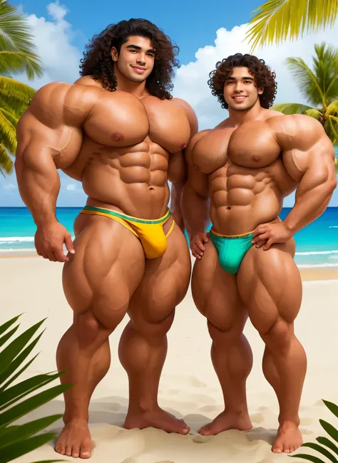 Three hawaian boy with curly hair next to each other, Standing relaxed in a tropical beach bar, in the sand. Huge and wide Muscular bodies, Wearing small thongs and hawaian leaves accesories. Smooth body and face. long legs. barefoot, big bulge in thong, h...