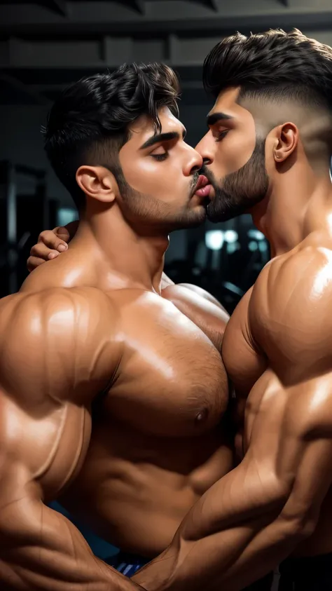 Pehlwan man Indian Gurjar gay couple wetty mouth to mouth tounge to tounge kissing and sucking lower lip, bitting lower lip during kissing saliva dripping from mouth with big shinning eyes big lips wide jawline beautiful hunk face spiky black hairstyle, se...