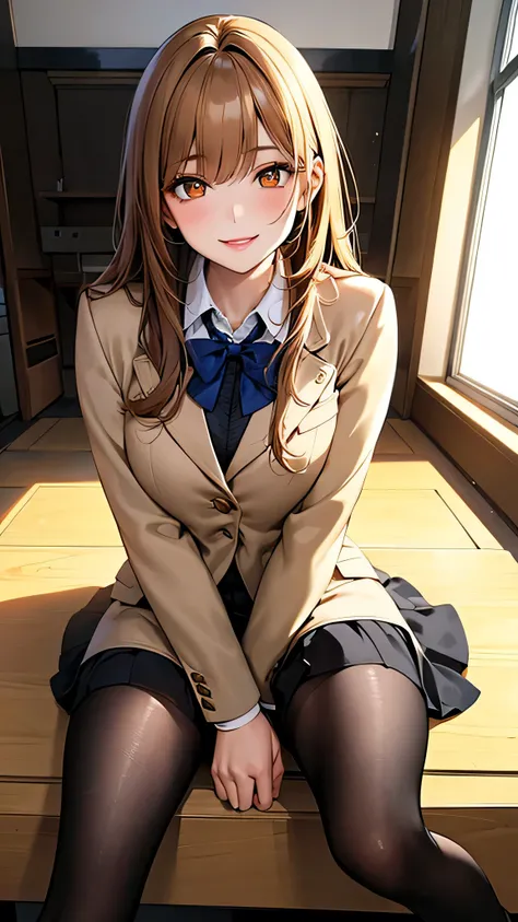 4K resolution,((Highest quality)),Ultra-high resolution,young woman, alone, sexy, (Mischievous smile), (Pale golden eyes), Beautiful and symmetrical face, (Brown set medium hair),Blazer uniform,Dress shirt,Pleated mini skirt,Knee-high socks,Realistic:1.4,R...