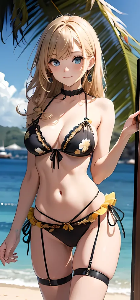 masterpiece,Ultra-high resolution、Highest quality、Sexy pose、On a tropical beach、String、blonde、Curly Hair:1.2, blue eyes, smile、Tilt your head、Large gemstone earrings and chokers:1.5,、Chain belt、Spread your legs、Model walking、Small breasts、The body is very ...