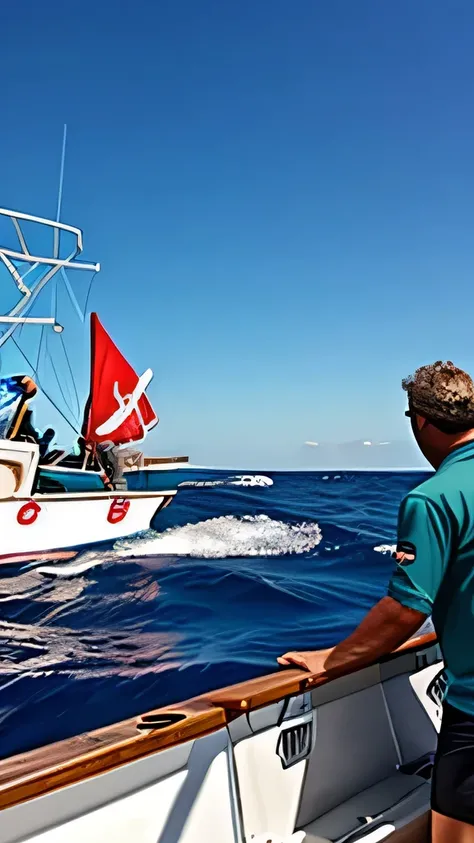 Three men on a tuna boat hunting a giant shark. 