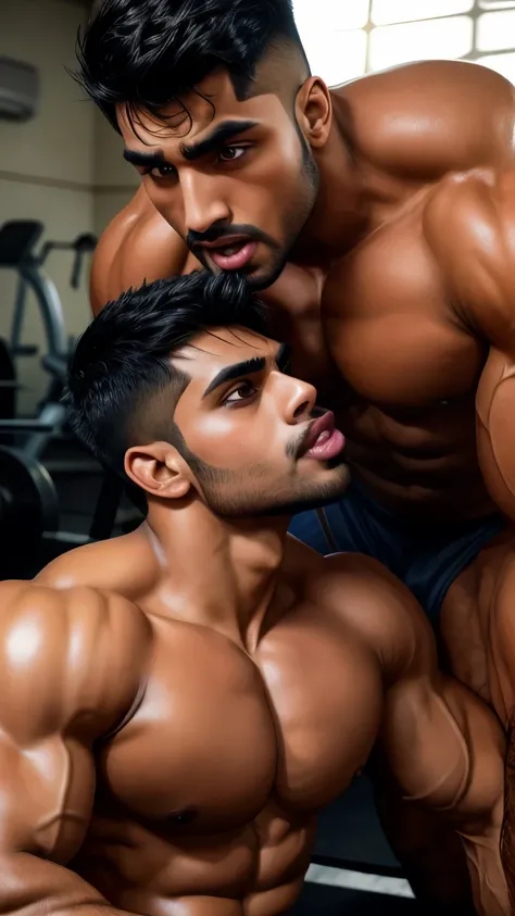 Pehlwan man Indian Gurjar gay couple wetty mouth to mouth tounge to tounge kissing and sucking lower lip, bitting and pulled lower lip during hot kissing with big shinning eyes big lips wide jawline beautiful hunk face spiky black hairstyle, seductive kiss...