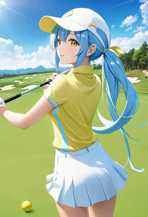 high quality,High resolution,16K、Light blue long hair、Beautiful twin-tailed golf player、White and yellow costume、Golf course with beautiful grass、Golf Tournaments、A large audience、during a golf game、Dynamic Angle